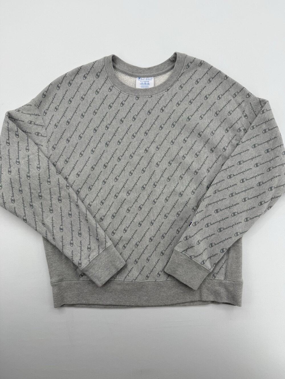 Men's Champion Reverse Weave All Over Print Grey Crewneck Sweatshirt Sz XL
